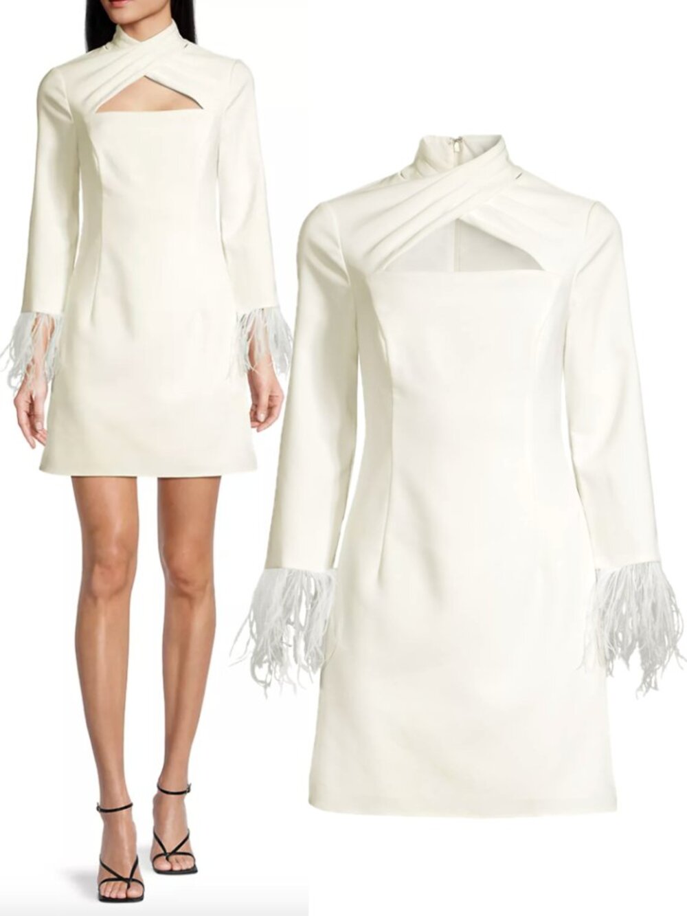 Aidan Mattox Crepe A-Line Cocktail Mini Dress With Feather Trim (Ivory)